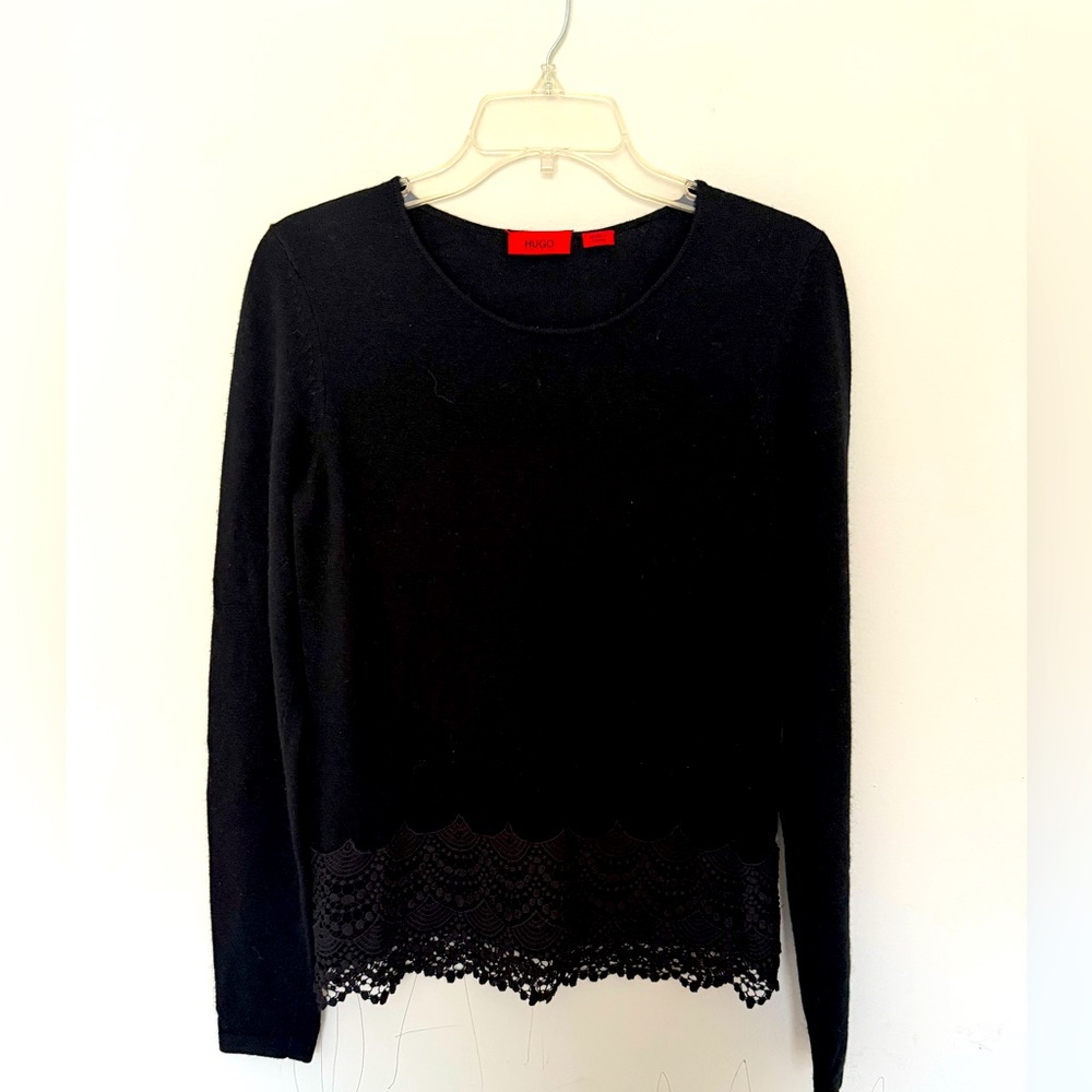 Hugo Boss Elegant Black Lace Hem Women's Casmere blend sweater